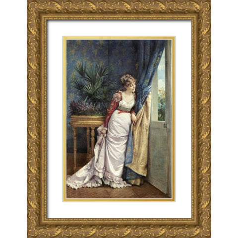 Awaiting The Visitor Gold Ornate Wood Framed Art Print with Double Matting by Toulmouche, Auguste