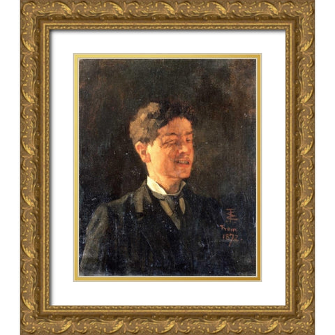 Self Portrait With Winking Eye Gold Ornate Wood Framed Art Print with Double Matting by Trubner, Wilhelm