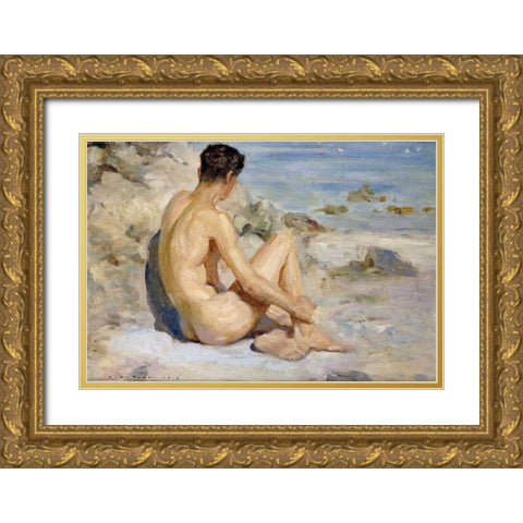 Boy On a Beach Gold Ornate Wood Framed Art Print with Double Matting by Tuke, Henry Scott