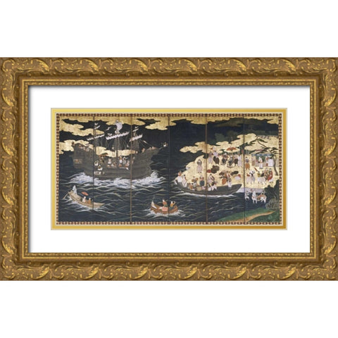 Arrival of The Southern Barbarians Gold Ornate Wood Framed Art Print with Double Matting by Unknown