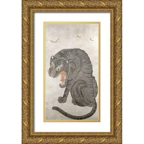 Tiger and Bats Gold Ornate Wood Framed Art Print with Double Matting by Unknown
