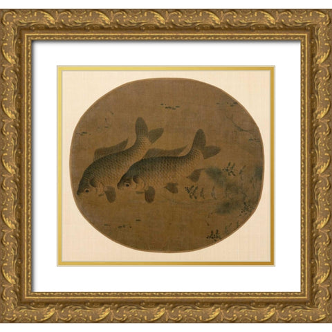 Pair of Fish Gold Ornate Wood Framed Art Print with Double Matting by Unknown