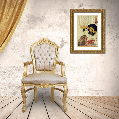 A Courtesan Raising Her Sleeve Gold Ornate Wood Framed Art Print with Double Matting by Utamaro, Kitagawa