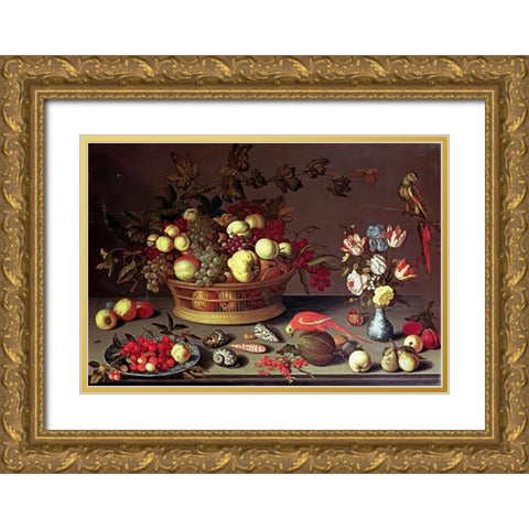 A Basket of Grapes and Other Fruit Gold Ornate Wood Framed Art Print with Double Matting by Van Der Ast, Balthasar