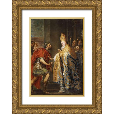 The Emporer Theodosius Before Saint Ambrose Gold Ornate Wood Framed Art Print with Double Matting by Van Diepenbeck, Abraham