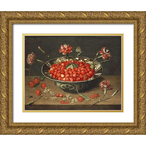 Strawberries In a Bowl Gold Ornate Wood Framed Art Print with Double Matting by Van Hulsdonck, Jacob