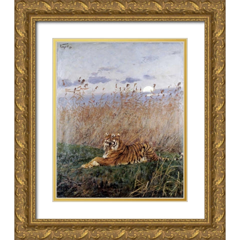 Tiger In The Rushes Gold Ornate Wood Framed Art Print with Double Matting by Vastagh, Geza