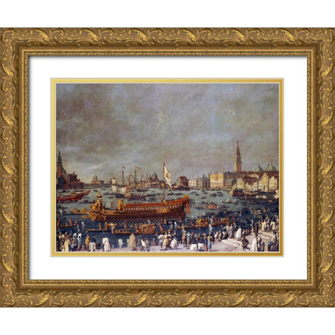 The Doge In The Bucintoro Gold Ornate Wood Framed Art Print with Double Matting by Venetian School