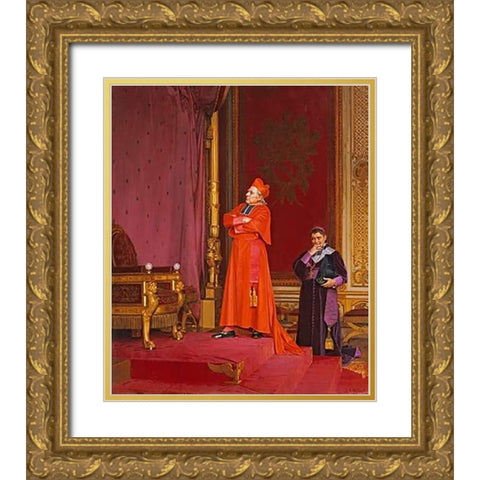 A Cardinal Looking at Napoleons Throne Gold Ornate Wood Framed Art Print with Double Matting by Vibert, Jean Georges