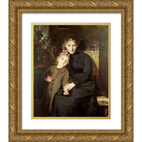 A Mother and Daughter In An Interior Gold Ornate Wood Framed Art Print with Double Matting by Wegmann, Bertha
