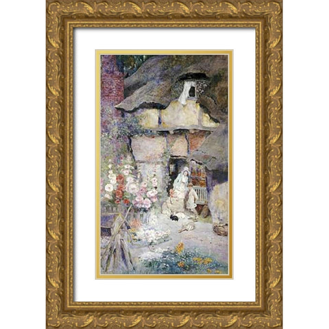 A Mother and Children Feeding Rabbits Gold Ornate Wood Framed Art Print with Double Matting by Woodlock, David