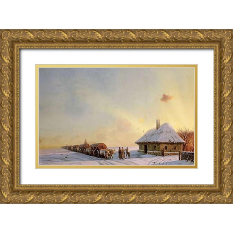 Ukranian Oxcart Drivers In Winter Gold Ornate Wood Framed Art Print with Double Matting by Aivasowsky, Ivan Konstantinovich
