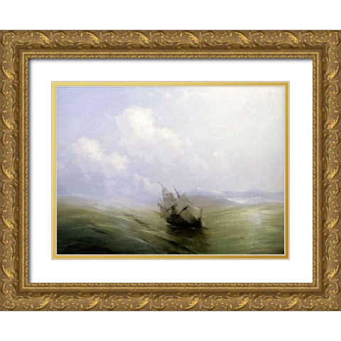 A Sailing Boat In a Heavy Swell Gold Ornate Wood Framed Art Print with Double Matting by Aivasowsky, Ivan Konstantinovich