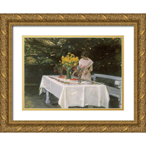 Preparing The Table Gold Ornate Wood Framed Art Print with Double Matting by Ancher, Michael