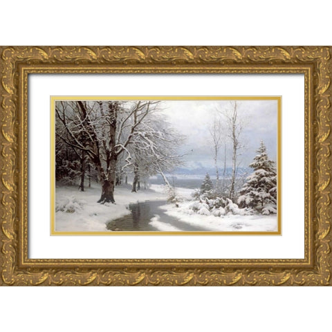 A Wooded Winter Landscape Gold Ornate Wood Framed Art Print with Double Matting by Anderson-Lundby, Anders