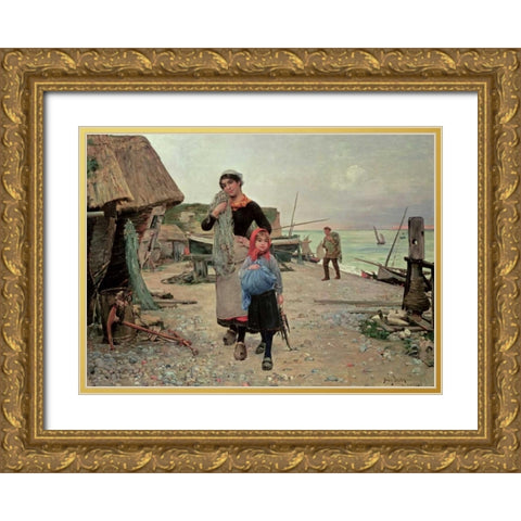 Fisherfolk Returning With Their Nets Gold Ornate Wood Framed Art Print with Double Matting by Bacon, Henry