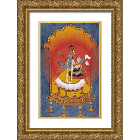 Vishnu and Lakshmi Enthroned Gold Ornate Wood Framed Art Print with Double Matting by Basohli School