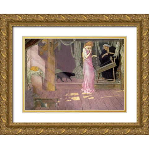 Sleeping Beauty: The Princess Pricks Her Finger Gold Ornate Wood Framed Art Print with Double Matting by Batten, John Dickson