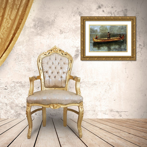 Fishing From a Canoe Gold Ornate Wood Framed Art Print with Double Matting by Bierstadt, Albert