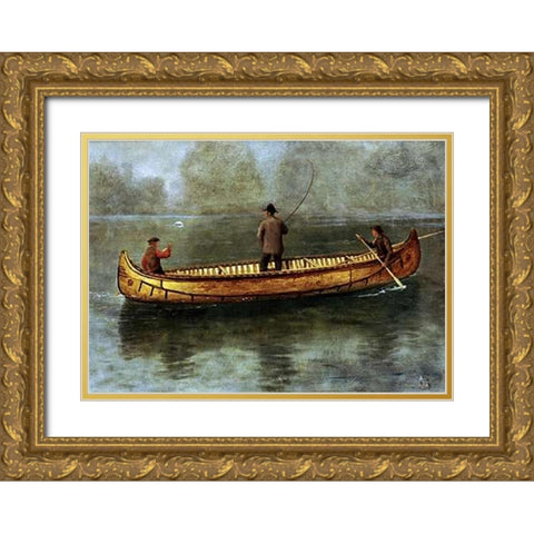 Fishing From a Canoe Gold Ornate Wood Framed Art Print with Double Matting by Bierstadt, Albert