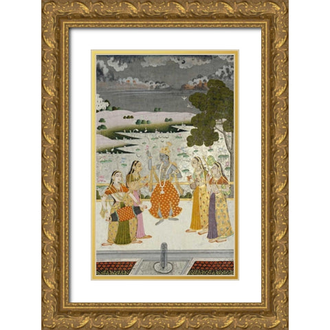 Krishna With The Gopis Gold Ornate Wood Framed Art Print with Double Matting by Bikaner, Ustad Murad