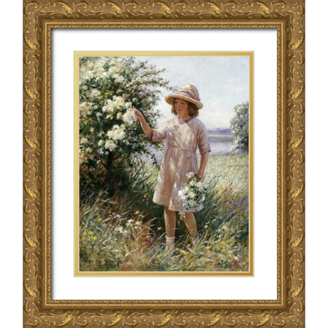 Picking May Blossom Gold Ornate Wood Framed Art Print with Double Matting by Blacklock, William Kay