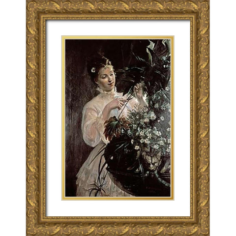 Arranging Flowers Gold Ornate Wood Framed Art Print with Double Matting by Garin, E