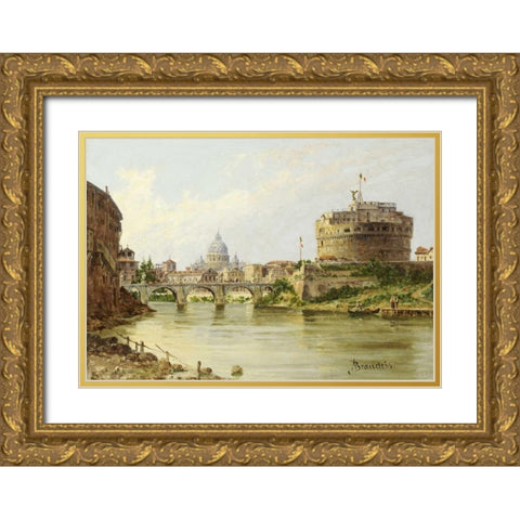 The Tiber With The Castel SantAngelo and St.Peters, Rome Gold Ornate Wood Framed Art Print with Double Matting by Brandeis, Antonietta