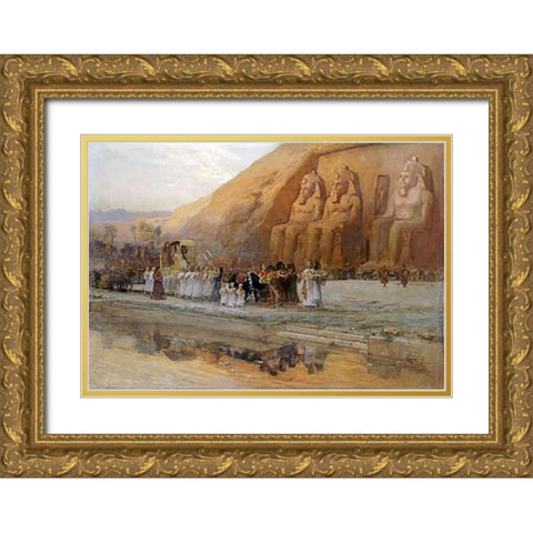 Temple DAbou Simbel, La Fete Du Pharoan Gold Ornate Wood Framed Art Print with Double Matting by Bridgman, Frederick Arthur