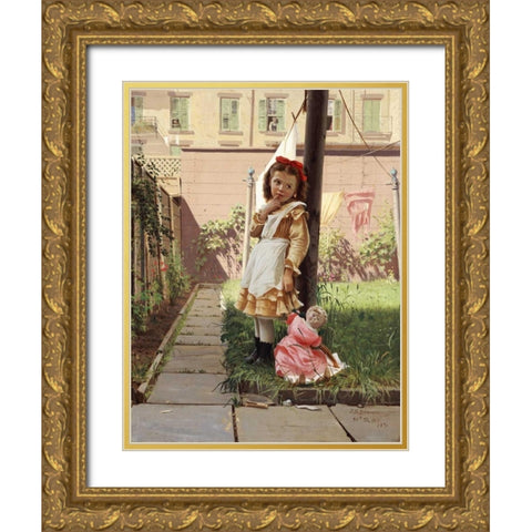 Young Girl In a New York Garden Gold Ornate Wood Framed Art Print with Double Matting by Brown, John George