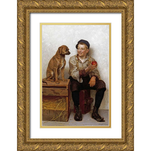 Teasing The Pup Gold Ornate Wood Framed Art Print with Double Matting by Brown, John George
