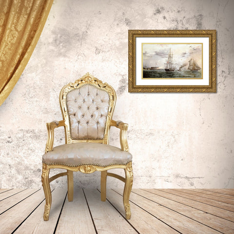 New York Bay - Castle Clinton Gold Ornate Wood Framed Art Print with Double Matting by Buttersworth, James E.