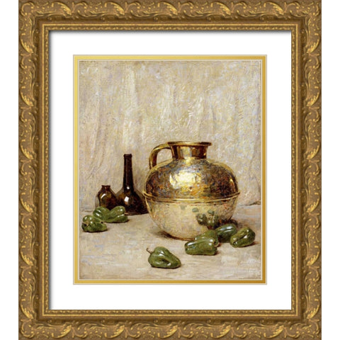 Still Life With Green Peppers and Jug Gold Ornate Wood Framed Art Print with Double Matting by Carlsen, Soren Emil
