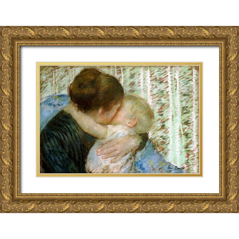A Goodnight Hug Gold Ornate Wood Framed Art Print with Double Matting by Cassatt, Mary
