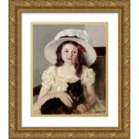 Francoise Holding a Little Black Dog Gold Ornate Wood Framed Art Print with Double Matting by Cassatt, Mary