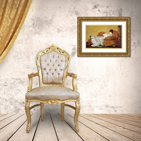 Young Lady Reading Gold Ornate Wood Framed Art Print with Double Matting by Cassatt, Mary