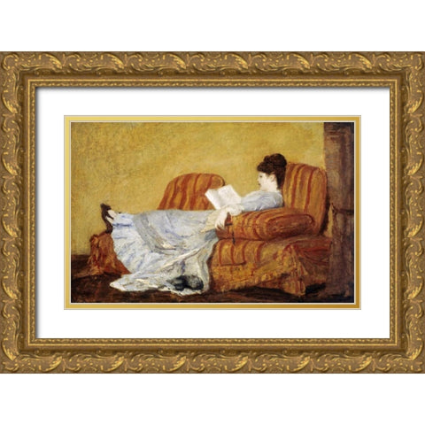 Young Lady Reading Gold Ornate Wood Framed Art Print with Double Matting by Cassatt, Mary