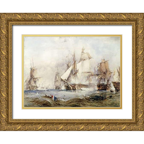 The Battle of Traflagar Gold Ornate Wood Framed Art Print with Double Matting by Chambers, George