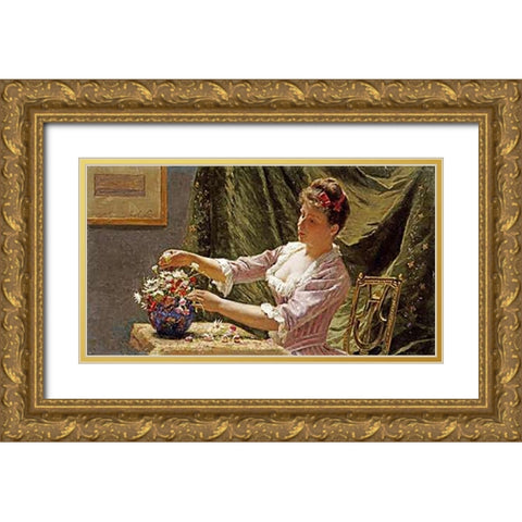 A Young Woman Arranging Flowers Gold Ornate Wood Framed Art Print with Double Matting by Claus, Emile