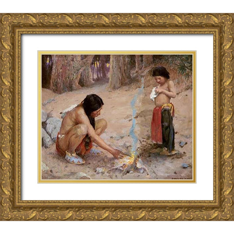 The Campfire Gold Ornate Wood Framed Art Print with Double Matting by Couse, Eanger Irving