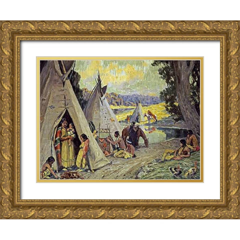 Indian Camp Gold Ornate Wood Framed Art Print with Double Matting by Couse, Eanger Irving