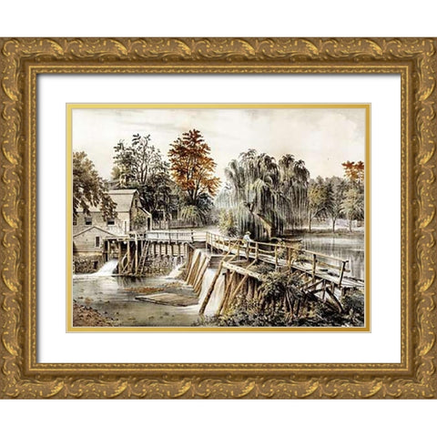 The Mill-Dam at Sleepy Hollow Gold Ornate Wood Framed Art Print with Double Matting by Ives, Currier and