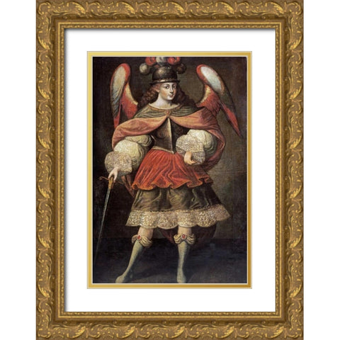 Archangel Miguel Gold Ornate Wood Framed Art Print with Double Matting by Cuzco School