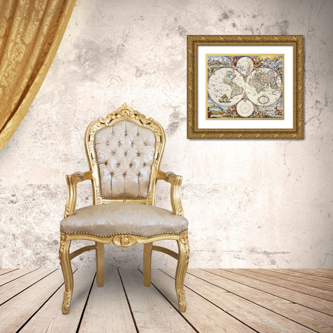 Map of The World Gold Ornate Wood Framed Art Print with Double Matting by Danckerts, Cornelis