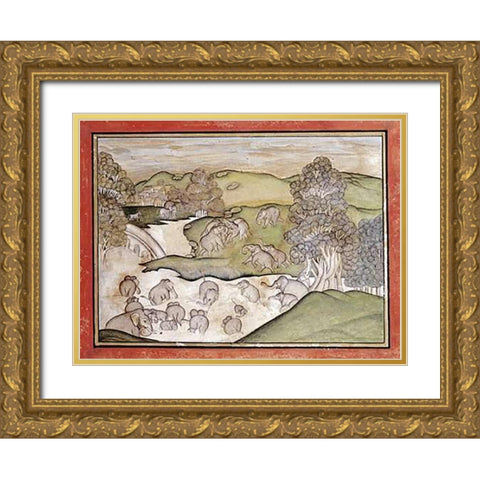 Elephants Bathing Gold Ornate Wood Framed Art Print with Double Matting by Devgarh