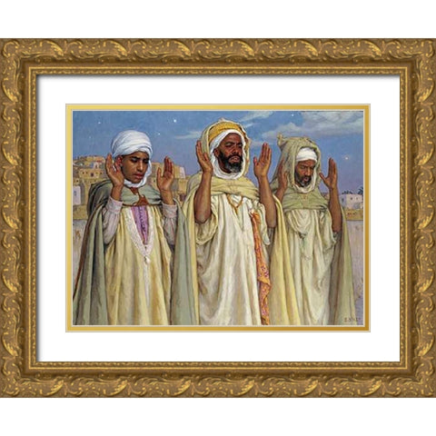 Prayers at LAube Gold Ornate Wood Framed Art Print with Double Matting by Dinet, Alphonse-Etienne