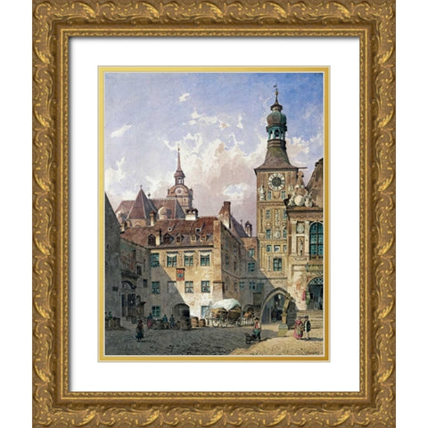 The Old Town Hall, Munich Gold Ornate Wood Framed Art Print with Double Matting by Eibner, Friedrich