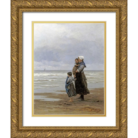 Waiting For The Boats Gold Ornate Wood Framed Art Print with Double Matting by Frederik, Philippe Lodowyck Jacob