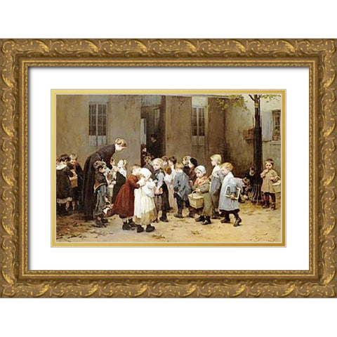 Back To School Gold Ornate Wood Framed Art Print with Double Matting by Geoffroy, Henry Jules Jean