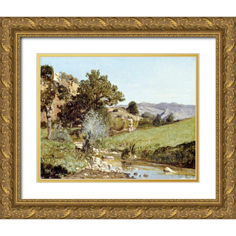 A Hunter In a Landscape Gold Ornate Wood Framed Art Print with Double Matting by Guigou, Paul